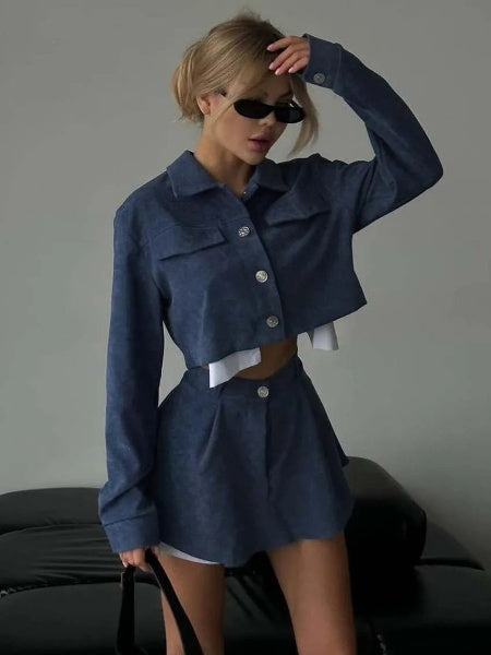 Fashion 2 Piece Sets Blue High Waisted